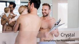  Presentation with gay - Presentation theme consisting of media news children - smiling gay couple with child background and a coral colored foreground