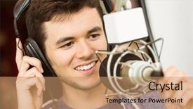  Presentation with radio news - Audience pleasing slide deck consisting of media school news - portrait of an university student backdrop and a coral colored foreground