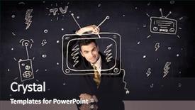  Presentation with actor - Slide set having media tv radio - elegant happy businessman drawing background and a dark gray colored foreground