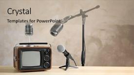  Presentation with retro radio - Audience pleasing presentation theme consisting of media tv radio - retro portable tv and microphones backdrop and a mint green colored foreground