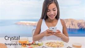  Presentation with travel app - Amazing presentation design having food selfie social media vlogging girl taking photo with phone of breakfast plate using cellphone app luxury travel vacation lifestyle beautiful model in resort in santorini greece europe backdrop and a coral colored foreground