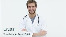  Presentation with chemical plant eco friendly - Amazing PPT theme having medic - portrait of a friendly doctor backdrop and a sky blue colored foreground