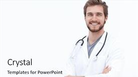  Presentation with medic - Presentation theme having medic - portrait of a friendly doctor background and a sky blue colored foreground