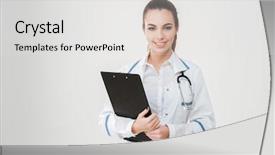  Presentation with medic - Beautiful theme featuring medic - portrait of happy pretty young backdrop and a light gray colored foreground