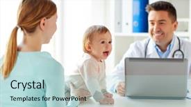  Presentation with baby doctor - Slide deck featuring medic family - medicine healthcare pediatry and people background and a light blue colored foreground