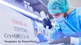  Presentation with evaluation - Presentation design featuring medic-in-the-laboratory-makes background and a light blue colored foreground