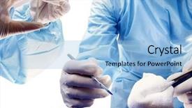 Presentation with medical instruments - Audience pleasing slides consisting of medicaid - below view of surgeons holding backdrop and a  colored foreground