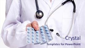  Presentation with giving - Audience pleasing PPT theme consisting of medicaid - doctor giving blue medicine pills backdrop and a sky blue colored foreground