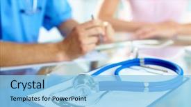  Presentation with patient - Cool new PPT theme with medical - close-up of stethoscope and paper backdrop and a light blue colored foreground