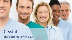  Presentation with successful - Colorful presentation theme enhanced with medical - group of happy successful doctors backdrop and a sky blue colored foreground