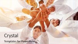  Presentation with team hands - Colorful theme enhanced with medical - many happy doctors stack hands backdrop and a lemonade colored foreground