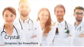  Presentation with interns - Colorful slides enhanced with medical - portrait of a successful group backdrop and a sky blue colored foreground