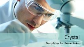  Presentation with laboratory chemical - Beautiful PPT theme featuring medical - serious clinician studying chemical element backdrop and a light blue colored foreground