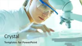  Presentation with chemist - PPT theme featuring medical - serious female chemist working background and a sky blue colored foreground