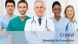  Presentation with nurses - Audience pleasing presentation design consisting of medical - smiling team of doctors backdrop and a light blue colored foreground