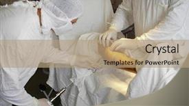  Presentation with needles - Slide set consisting of suture medical - surgeons and patient's leg moment background and a coral colored foreground
