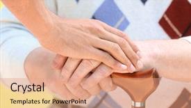  Presentation with supporting - Audience pleasing PPT theme consisting of hand of young volunteer supporting senior man with cane closeup backdrop and a coral colored foreground