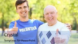  Presentation with community service happy volunteer group - Amazing slides having happy senior man and young backdrop and a light blue colored foreground
