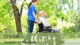  Presentation with happy sad face man - PPT layouts having health care organization - happy senior man on wheelchair background and a mint green colored foreground