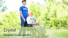  Presentation with wheelchair - Beautiful slide set featuring health care organization - happy senior man on wheelchair backdrop and a  colored foreground