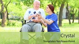  Presentation with young man on the phone - Beautiful PPT theme featuring patient teaching - young female volunteer and senior backdrop and a yellow colored foreground