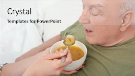  Presentation with volunteer - Presentation design with health care organization - young female volunteer feeding elderly background and a white colored foreground