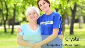  Presentation with camp volunteer orientation - Colorful theme enhanced with spring medical - young female volunteer hugging senior backdrop and a yellow colored foreground