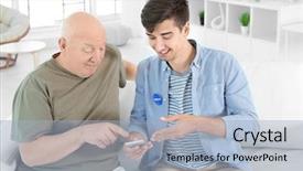  Presentation with volunteer - Cool new theme with patient teaching - young male volunteer and senior backdrop and a light blue colored foreground