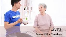  Presentation with volunteer - Beautiful slide set featuring young male volunteer feeding elderly woman in light room backdrop and a soft green colored foreground