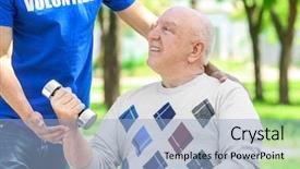  Presentation with helping man - PPT layouts featuring young volunteer helping senior man background and a light blue colored foreground
