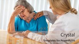  Presentation with addiction - Presentation theme consisting of medical addiction - female doctor consoling distraught senior background and a coral colored foreground