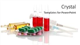  Presentation with medical pills - Presentation theme enhanced with medical ampules pills and syringes background and a white colored foreground