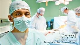  Presentation with medic - Beautiful PPT theme featuring medical amputation - portrait of surgeon medic backdrop and a sky blue colored foreground