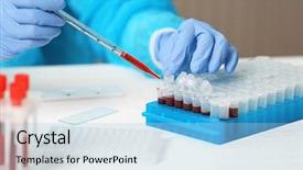  Presentation with blood - Presentation theme featuring medical analisys - scientist working with blood samples background and a light blue colored foreground