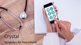  Presentation with medical desk - Presentation design consisting of medical app against doctor using background and a coral colored foreground