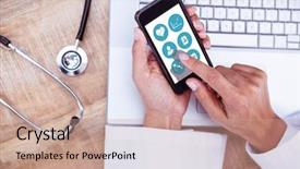  Presentation with medical desk - Slide deck featuring medical app against doctor using background and a coral colored foreground