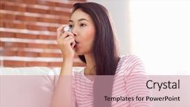  Presentation with living room - Audience pleasing theme consisting of medical asthma - asian woman using her inhaler backdrop and a coral colored foreground