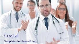  Presentation with congratulations - PPT theme enhanced with medical authority - successful doctor accepting congratulations background and a sky blue colored foreground