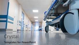  Presentation with hospital bed - Slide deck having medical bed on wheels in the hospital corridor view from below background and a light gray colored foreground
