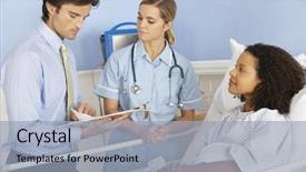  Presentation with female hospital patient - Colorful presentation design enhanced with medical bedside - doctor and nurse with female backdrop and a light blue colored foreground