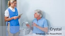  Presentation with digital hospital - Cool new presentation theme with medical bedside - smiling nurse holding digital tablet backdrop and a light blue colored foreground