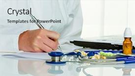  Presentation with prescription medication - Presentation design featuring medical billing - young doctor prescribes medication prescription background and a sky blue colored foreground