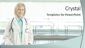  Presentation with doctor in hospital health insurance related icons healthcare person saving medical - Theme enhanced with medical blonde - portrait of attractive female doctor background and a sky blue colored foreground