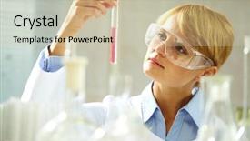  Presentation with looking up at trees from ground - Presentation theme featuring medical blonde - young chemist looking pensively background and a soft green colored foreground