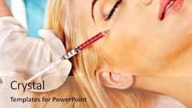  Presentation with injections - Presentation design enhanced with medical blood - beauty woman giving botox injections background and a coral colored foreground