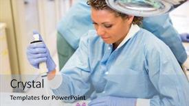  Presentation with female - Colorful slide set enhanced with medical blood - mid adult female researcher experimenting backdrop and a  colored foreground