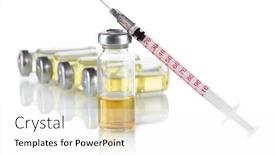  Presentation with syringe - Colorful slides enhanced with medical bottles and syringe on light gray background backdrop and a white colored foreground
