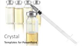  Presentation with syringe - Audience pleasing slide deck consisting of medical bottles and syringe on light gray tone backdrop and a white colored foreground
