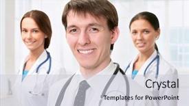  Presentation with multiracial team of young doctors stacking hands - Slide set consisting of medical building - young doctor standing in front background and a  colored foreground