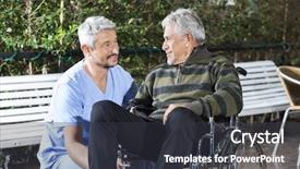  Presentation with physiotherapist - PPT layouts enhanced with medical center - male physiotherapist looking at disabled background and a dark gray colored foreground